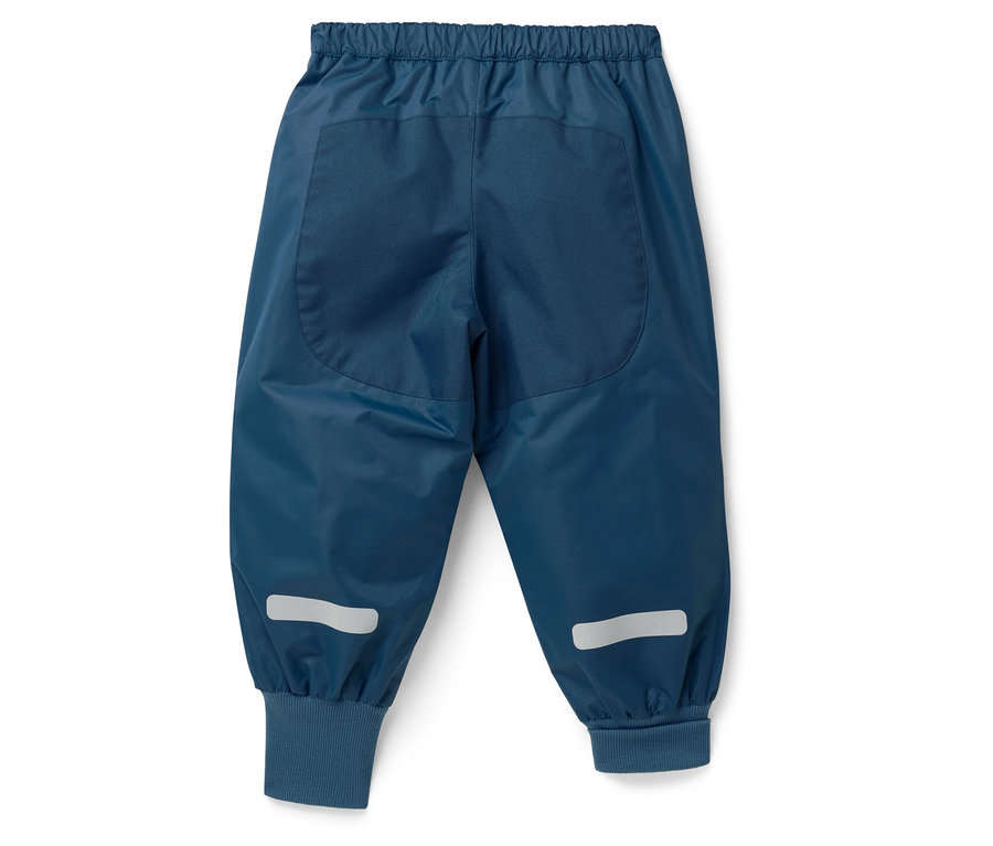 Modré dětské kalhoty s elastickým pasem a reflexními pruhy na nohavicích.