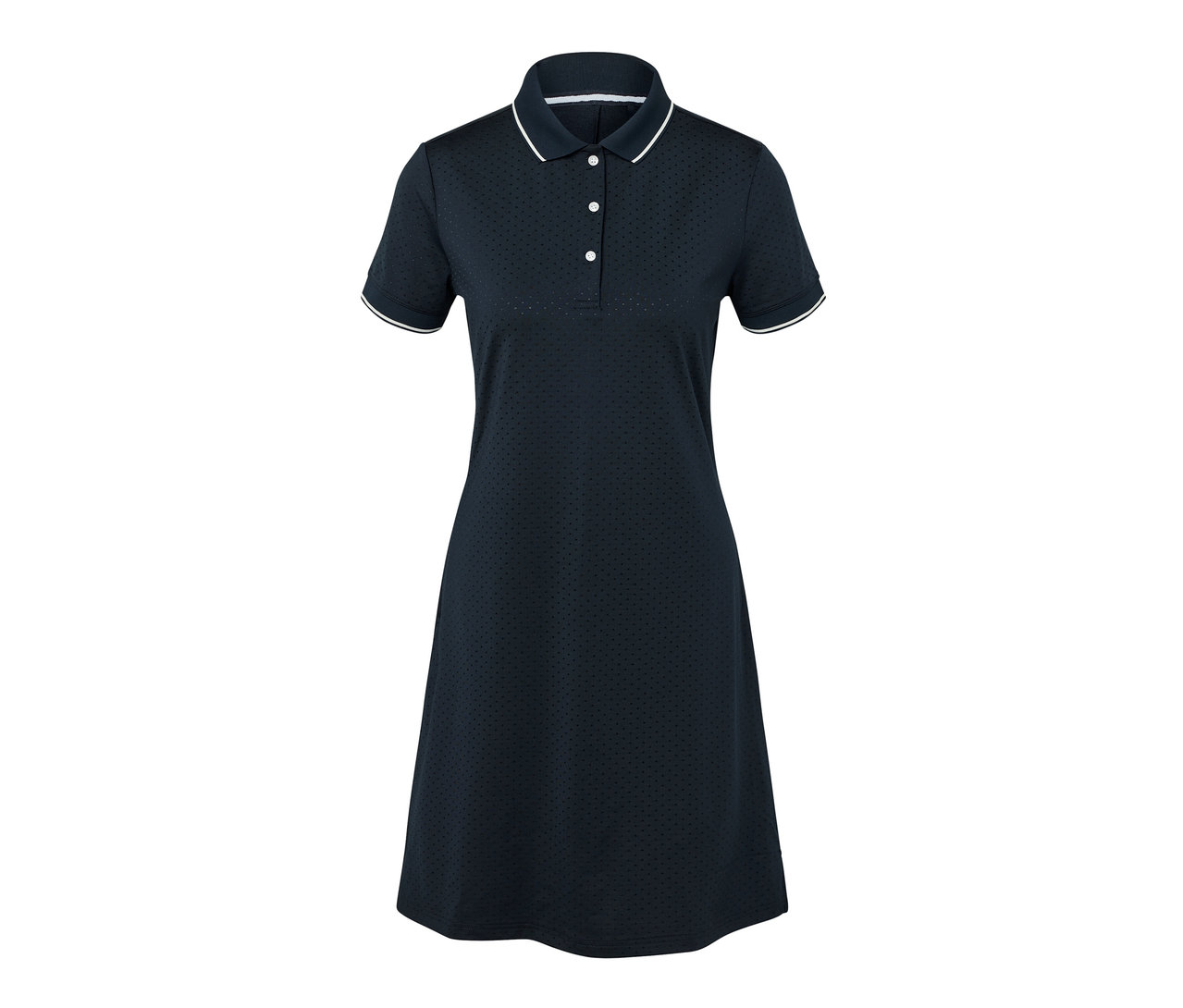 Tmavě modré sportovní šaty s bílým lemem.