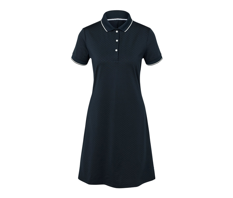 Tmavě modré sportovní šaty s bílým lemem.