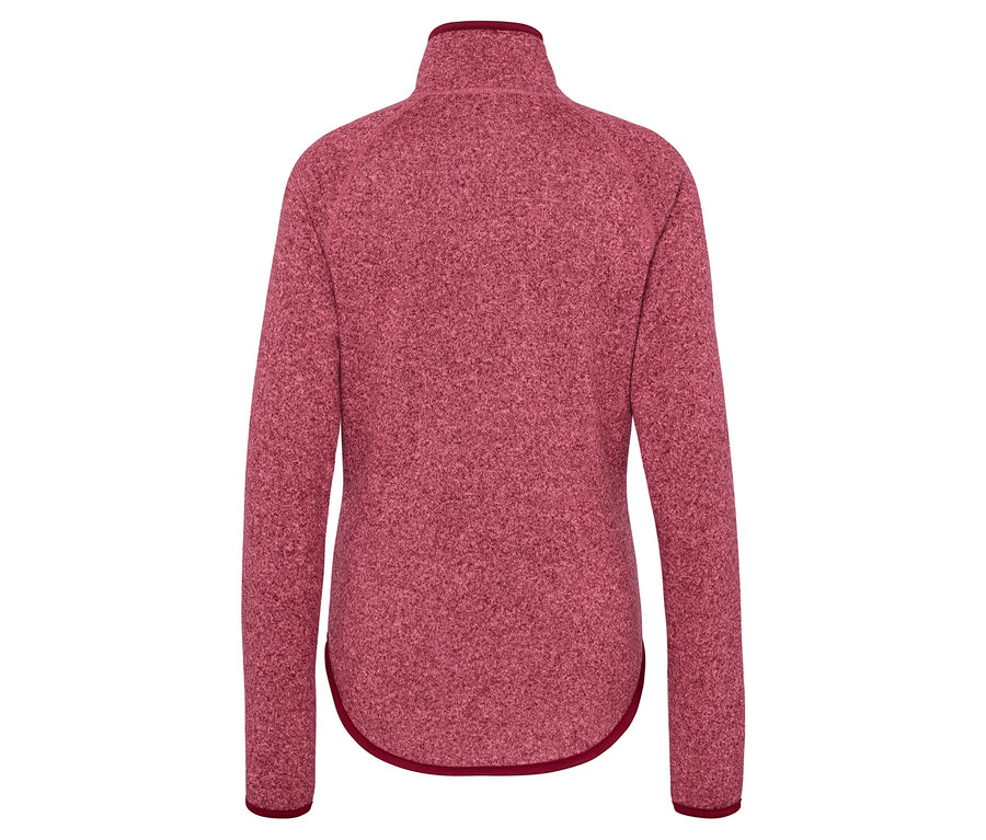 Zadní pohled na dámskou mikinu s dlouhým rukávem a zipem v bordó barvě.