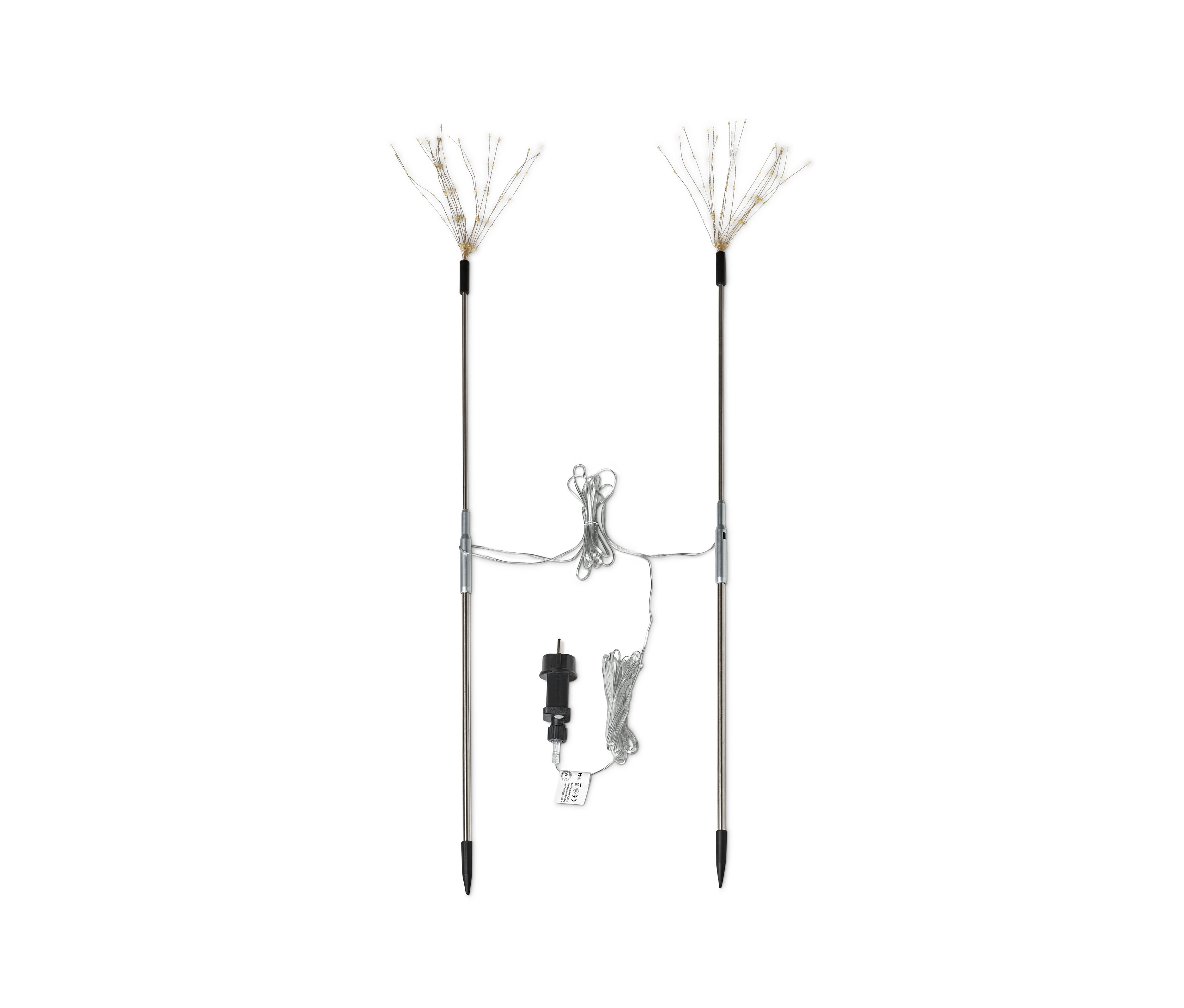 Dva velké zahradní zápichy s LED světly na kovových tyčích a napájecím kabelem.