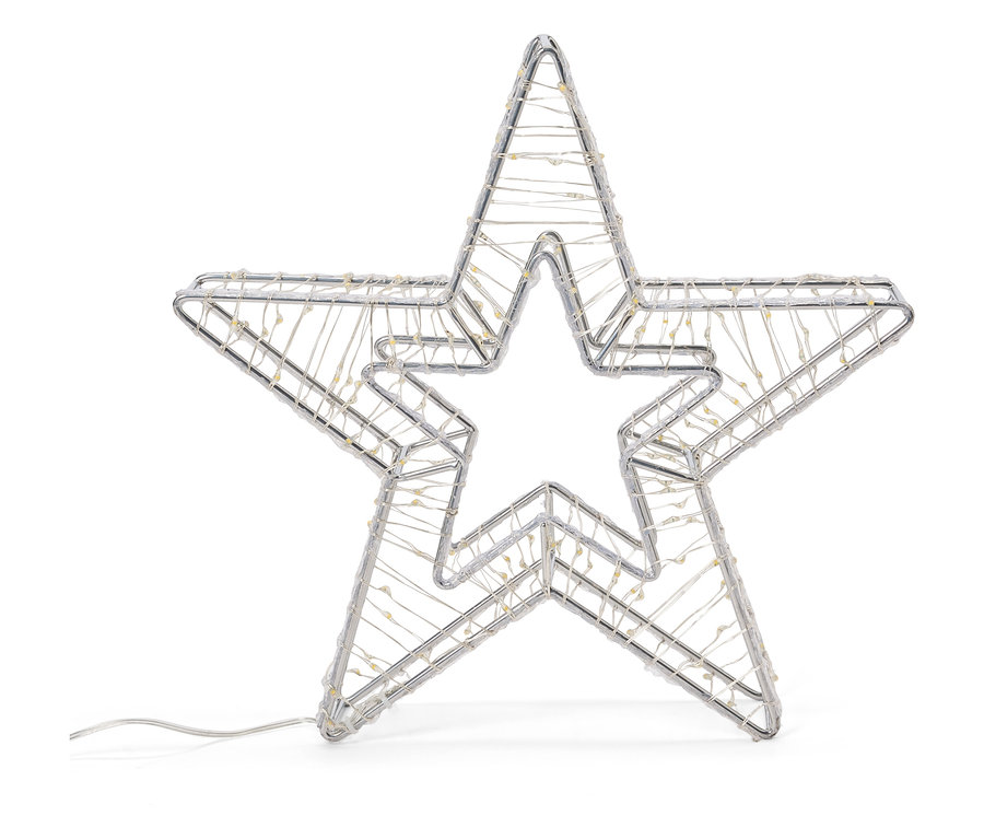 Stříbrná drátěná hvězda s LED světly na bílém pozadí.