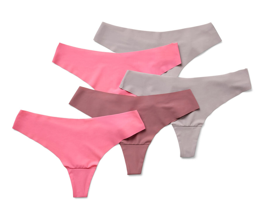 Pětice tang typu »Magic Cut« v růžové, hnědé a šedé barvě leží na bílém pozadí.