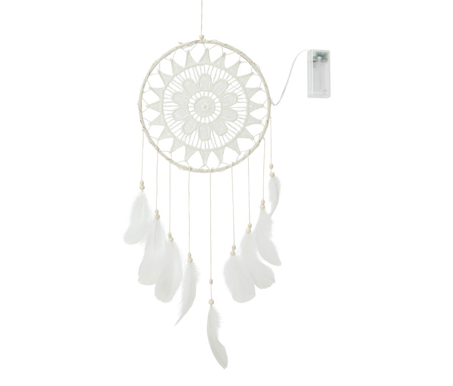 Zavěšený lapač snů s LED osvětlením, bílým kruhem a peříčky.