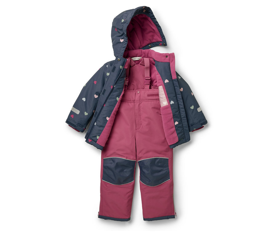 Zimní souprava s bundou s kapucí a kalhotami s laclem v barvách námořnická modrá a růžová s potiskem srdíček.