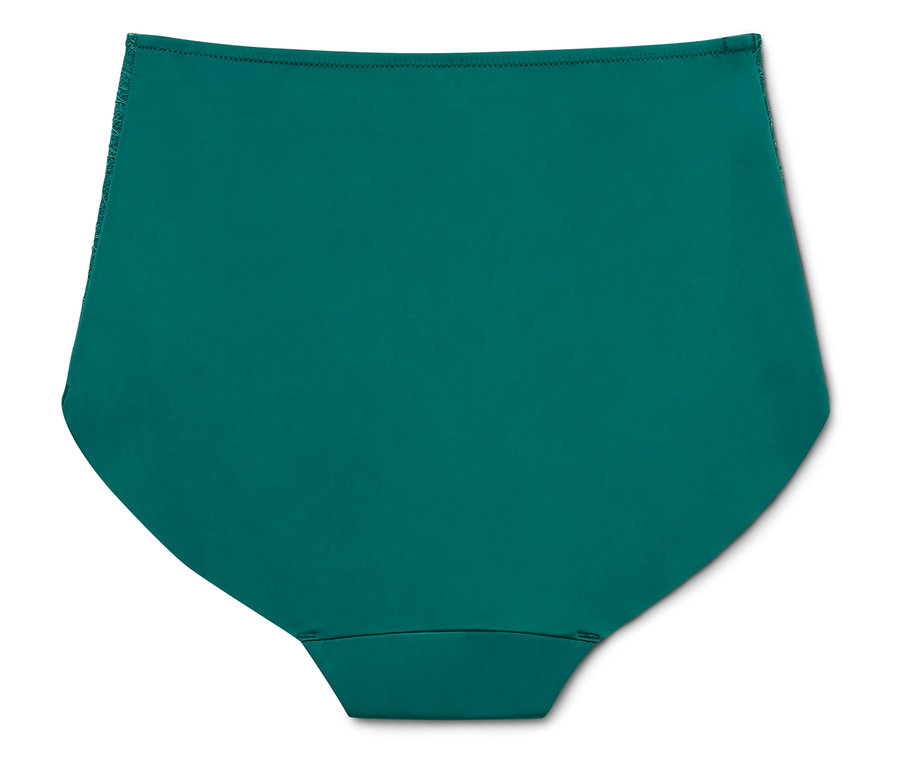 Tmavě zelené bikiny s vysokým pasem leží na bílém pozadí.