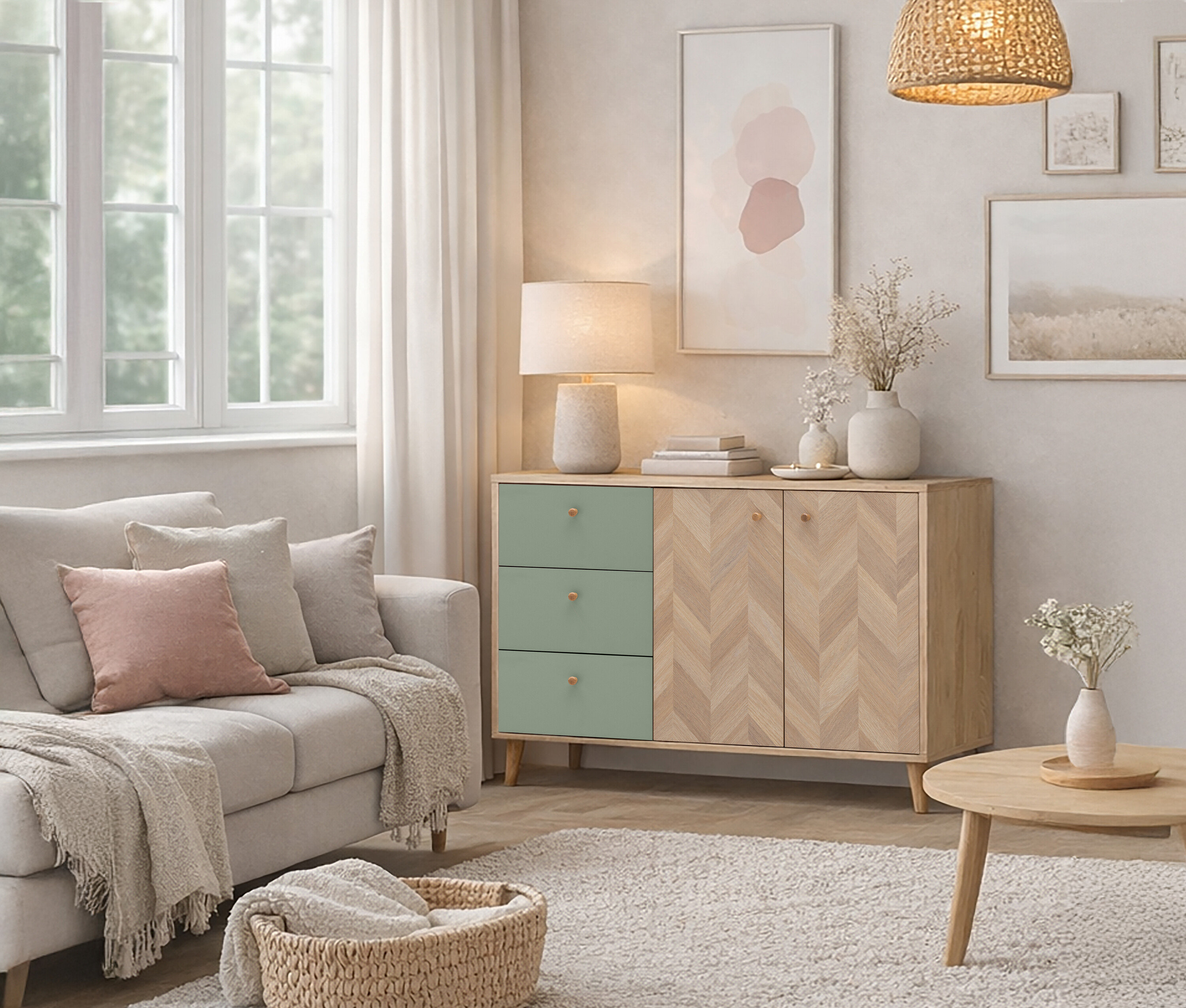 Obývací pokoj s pohovkou, komodou se zásuvkami a dekoracemi, kobercem a košíkem.