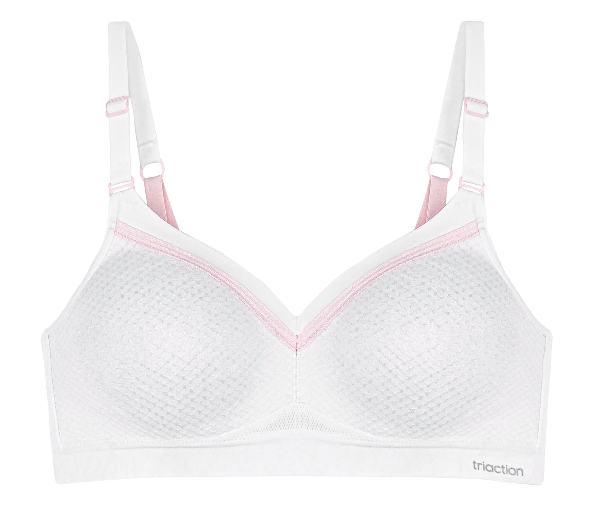 Bílá sportovní podprsenka TRIUMPH Triaction Free Motion N EX s růžovými detaily.