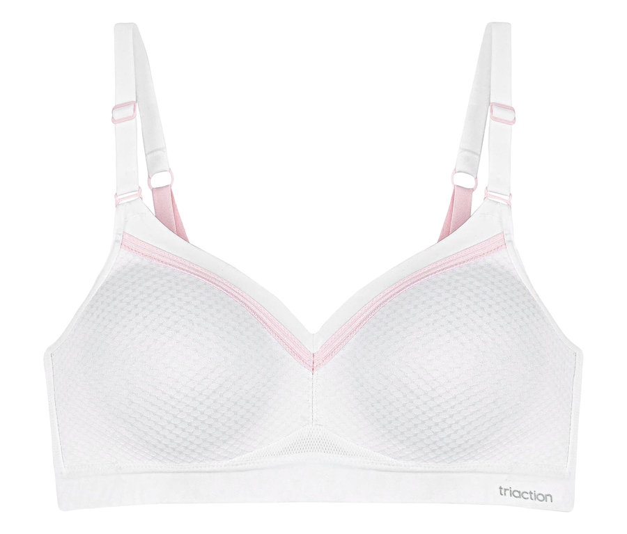 Bílá sportovní podprsenka TRIUMPH Triaction Free Motion N EX s růžovými detaily.