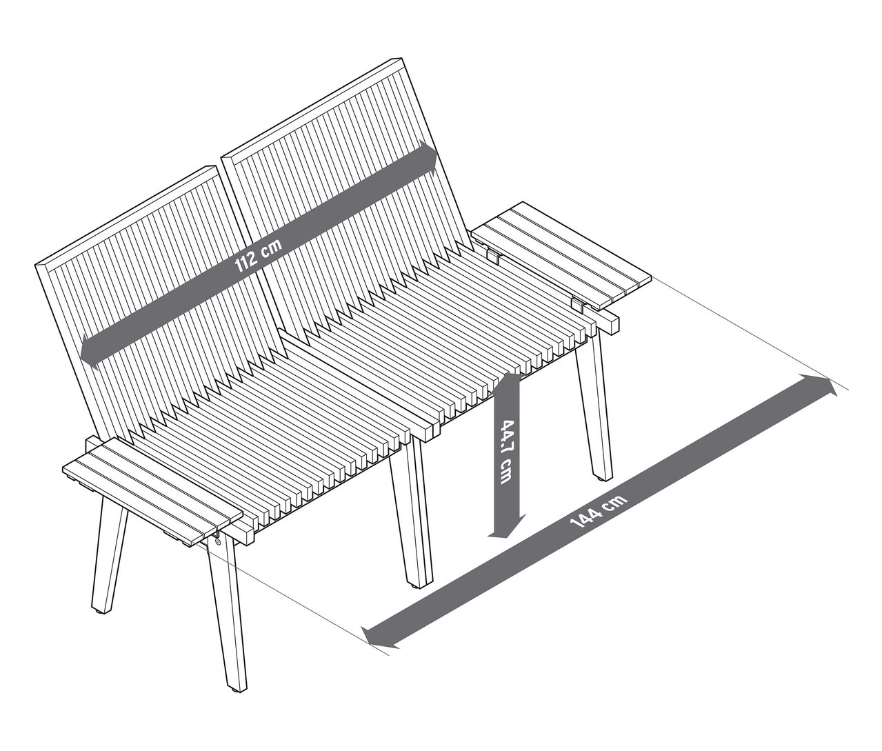 Náčrt flexibilní lavičky na hovory s rozměry šířky a výšky.