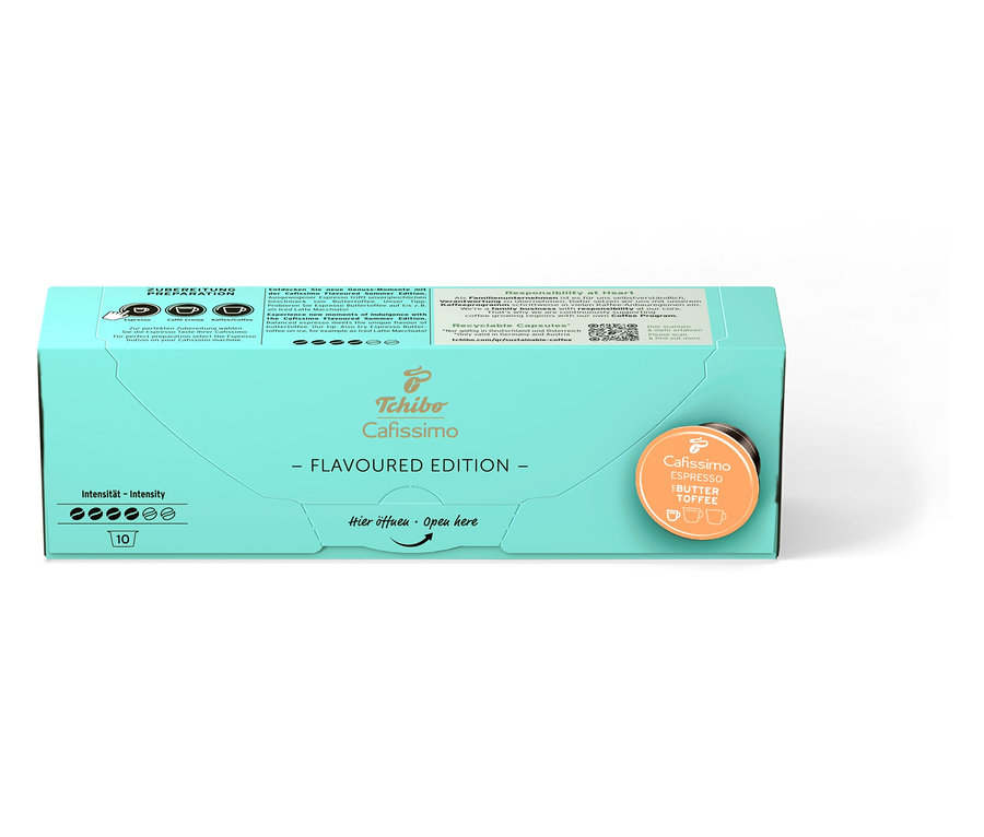 Balení Cafissimo Flavoured Espresso - Buttertoffee s 10 kapslemi a jedna kapsle.