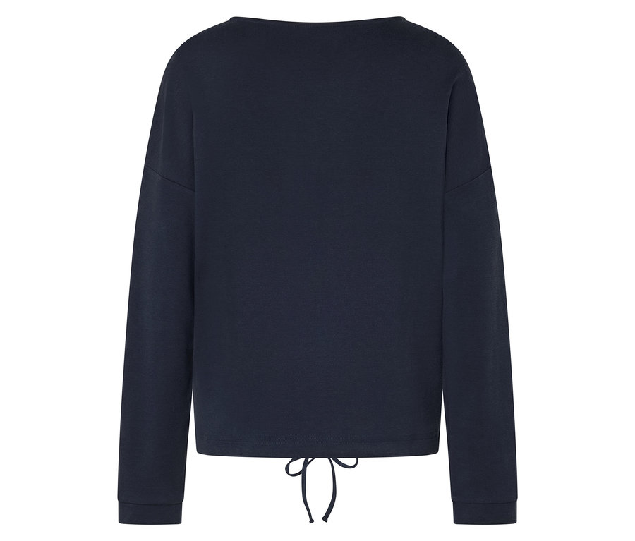 Tmavě modrá mikina s dlouhými rukávy a stahovací šňůrkou v pase.