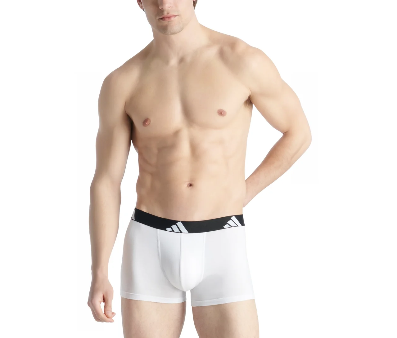 Muž bez trička v bílých boxerkách s černým pasem a bílým logem Adidas. Jeho levá ruka spočívá na boku.