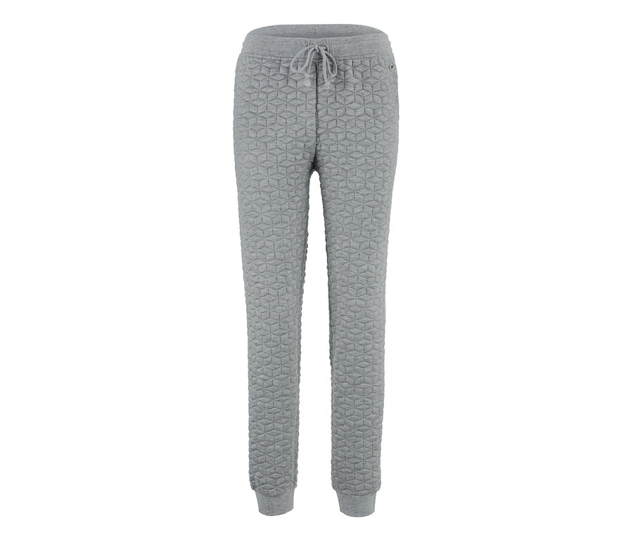 Šedé pohodlné kalhoty s geometrickým vzorem.