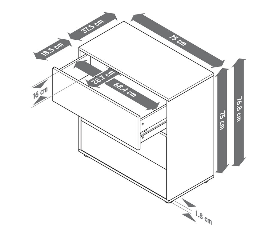 Rozkreslený modul regálu Flemming cca 75 x 75 cm se 3 zásuvkami v dekoru dubu.