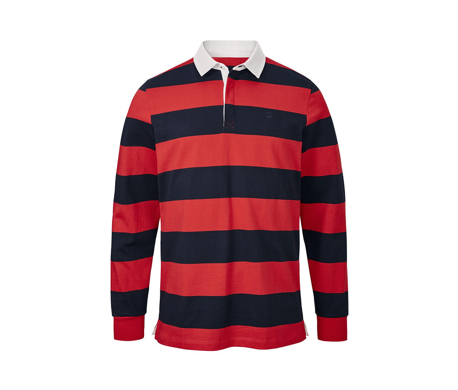 Polo tričko s dlouhým rukávem v tmavě modro-červené pruhované barvě.