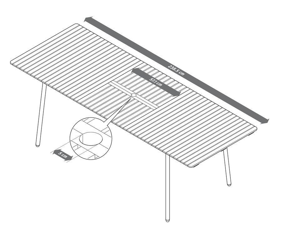 Náčrt rozkládacího stolu »Elin« s otvorem pro slunečník a vyznačenými rozměry.