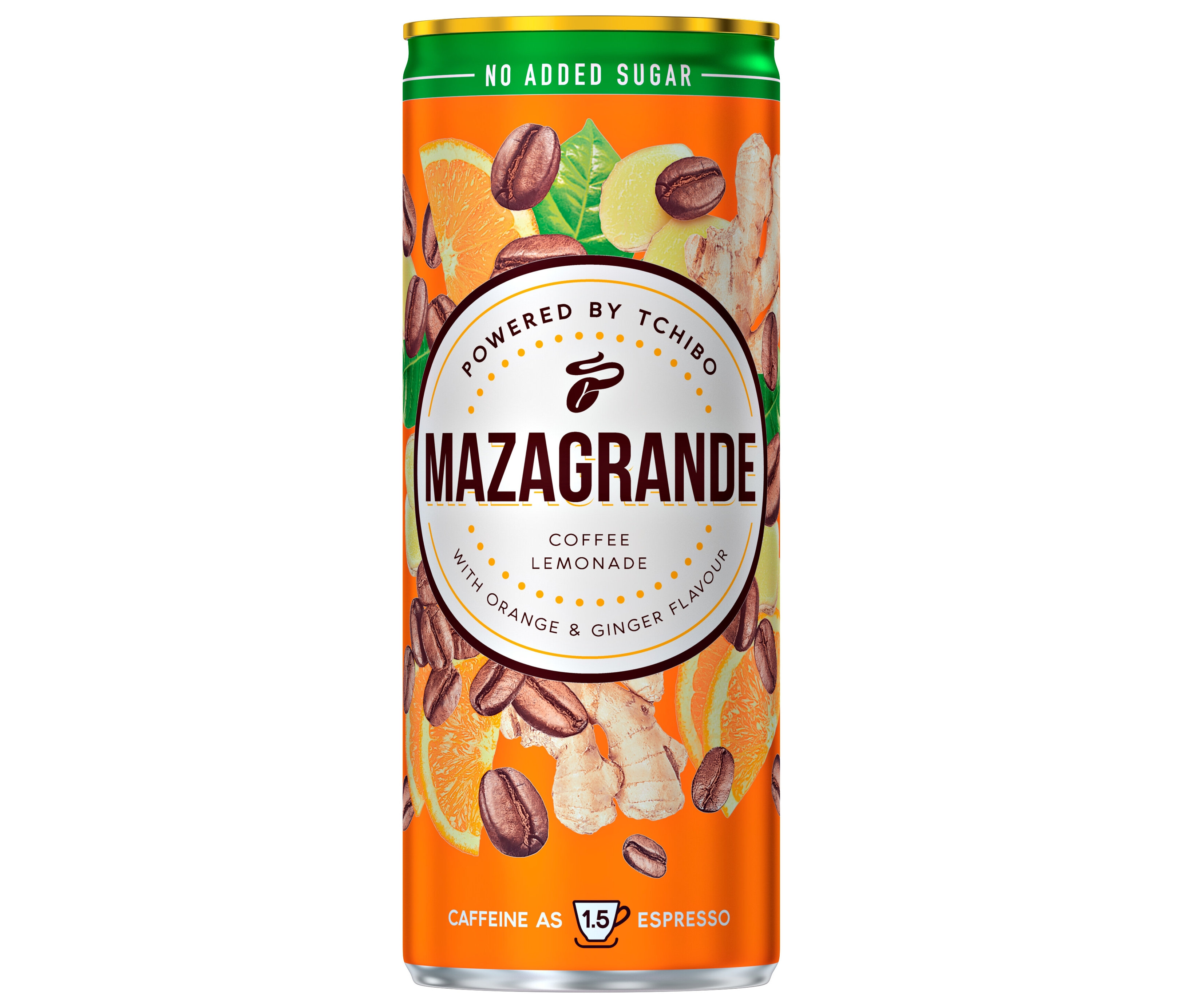Plechovka Mazagrande Ginger Orange s grafikou pomeranče, zázvoru a kávových zrn.