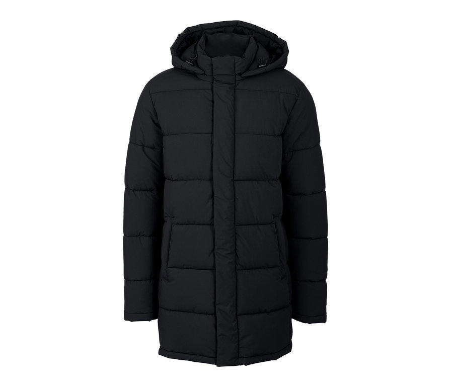 Černá prošívaná parka s kapucí.