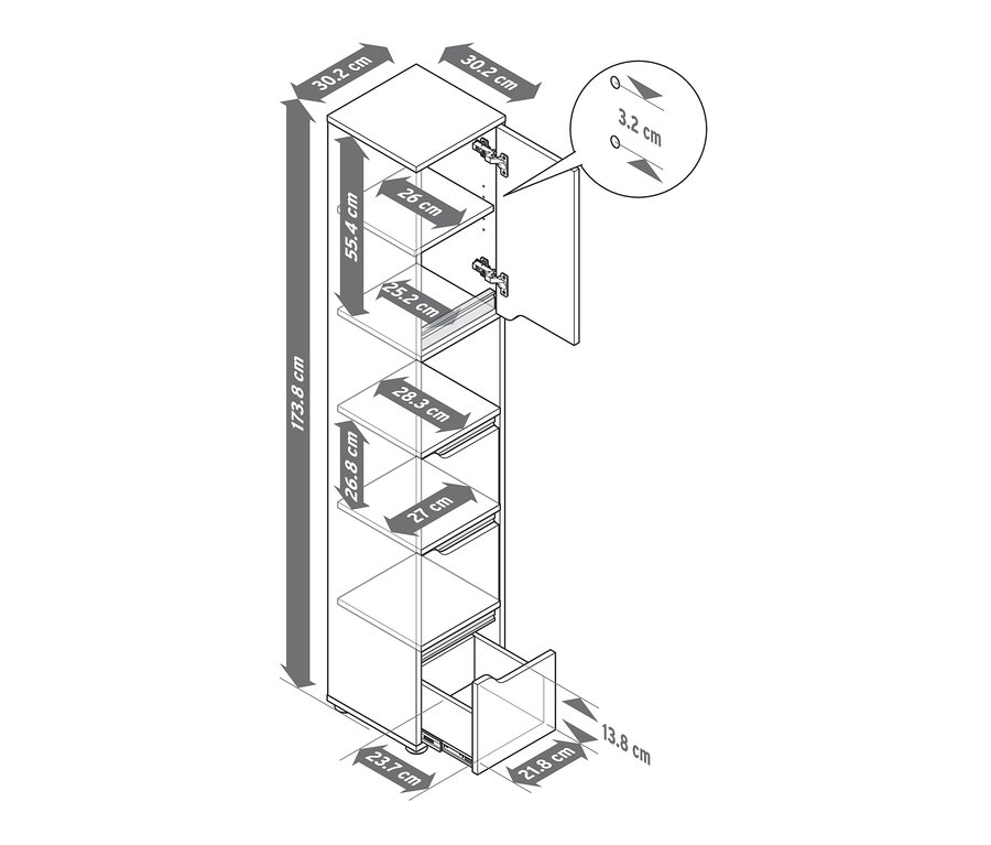 Nákres vysoké a úzké koupelnové skříňky s otevřenými dvířky a zásuvkou.