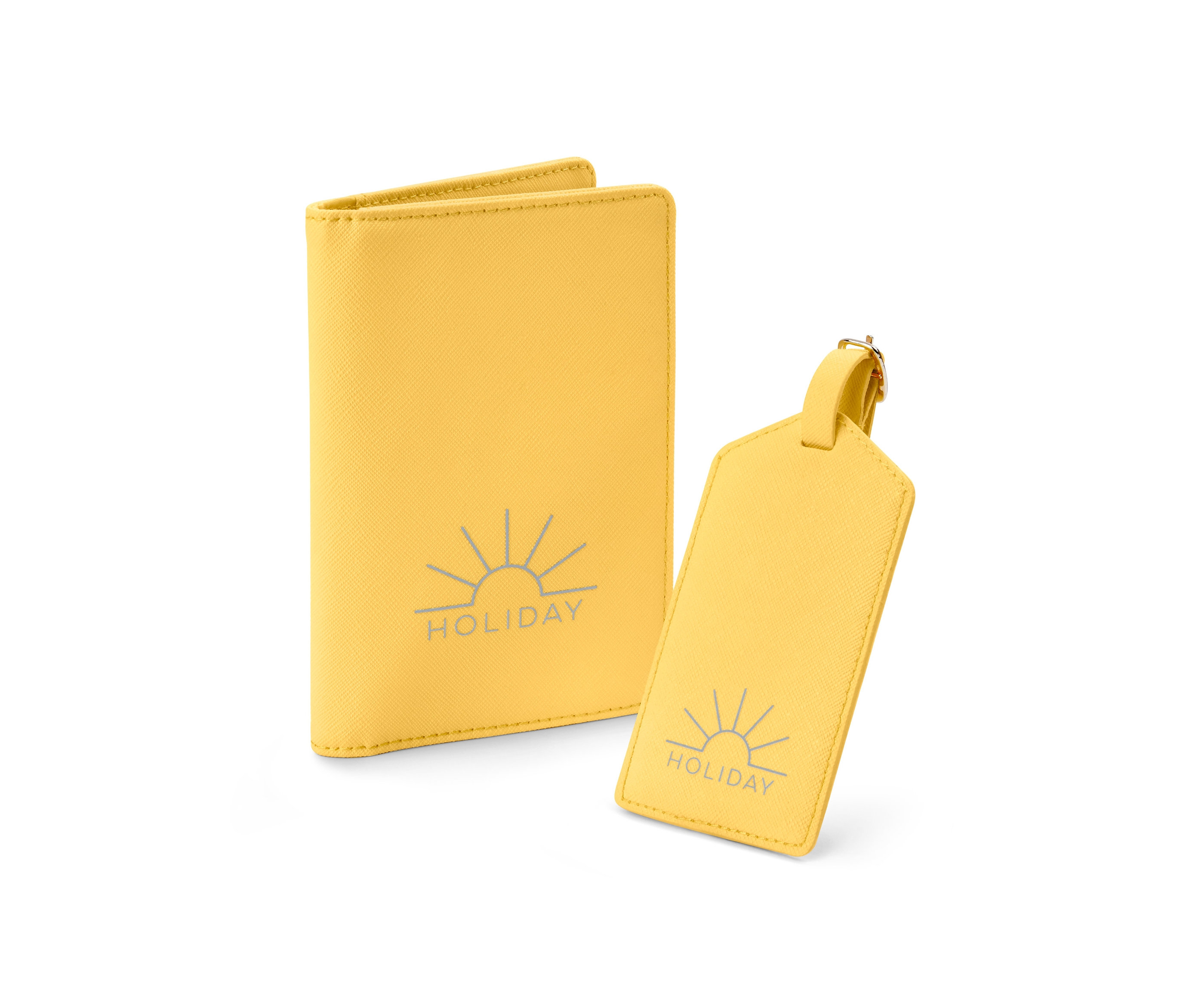 Žlutá sada cestovních doplňků s pasovým pouzdrem a visačkou na zavazadla.