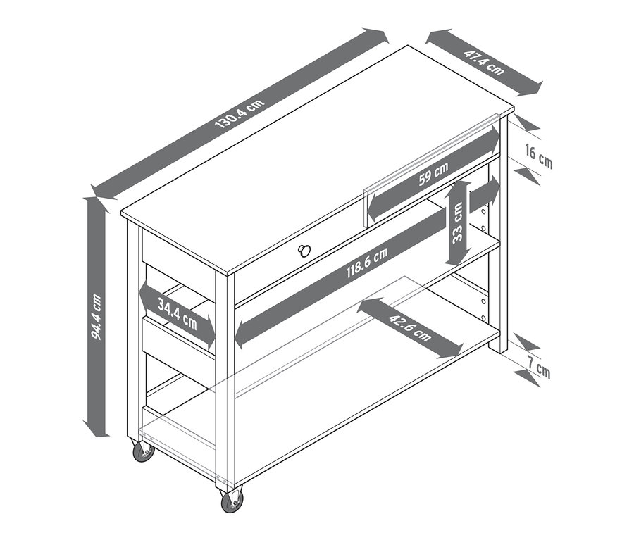 Ilustrace servírovacího vozíku s rozměry.