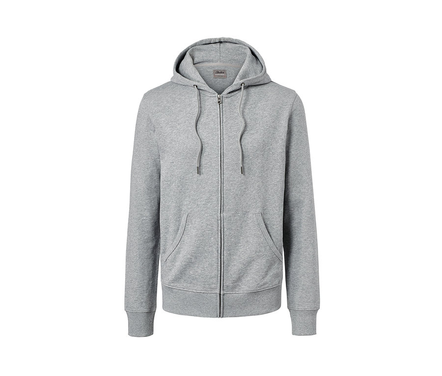 Šedá mikina se zipem a kapucí.