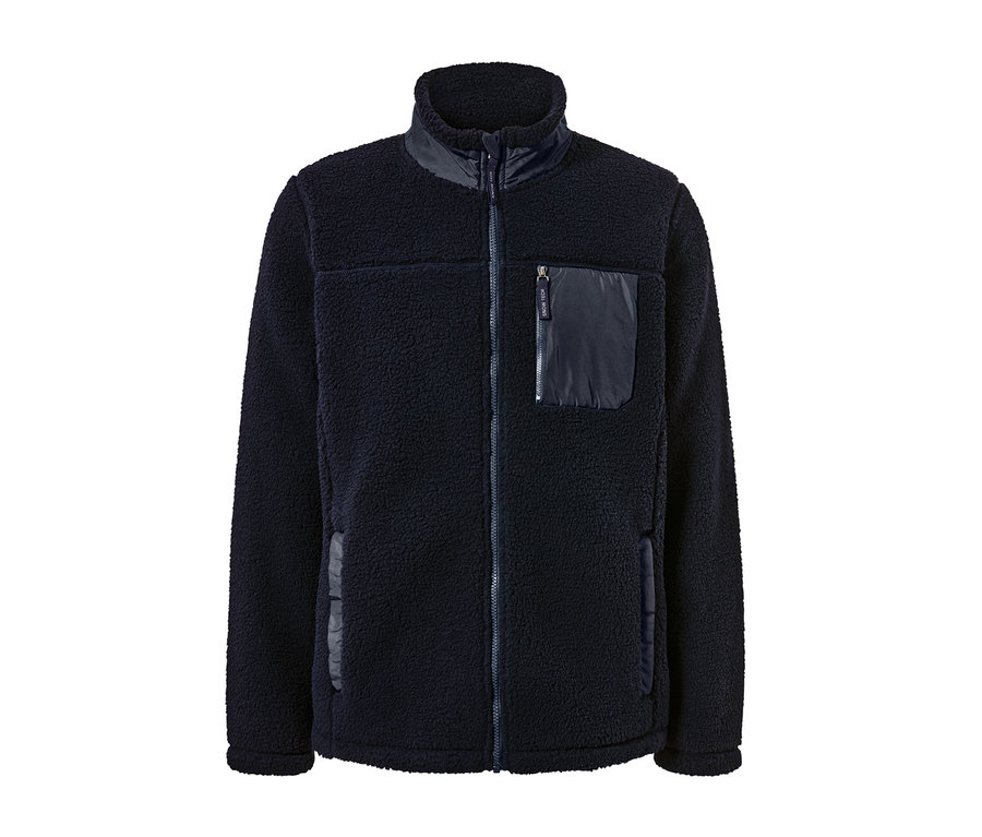 Tmavě modrý kabátek z hebkého plyše s přední kapsou na zip.