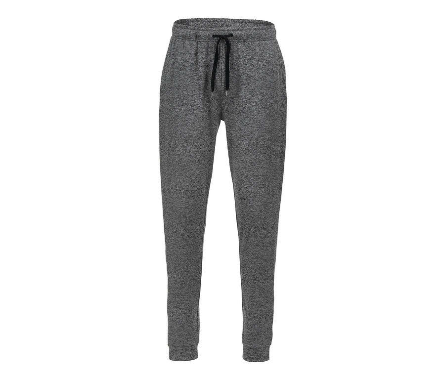 Šedé sportovní kalhoty se stahovací šňůrkou.