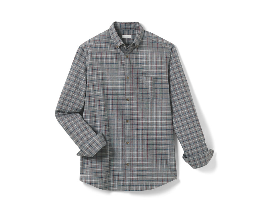 Šedá flanelová košile s dlouhým rukávem.