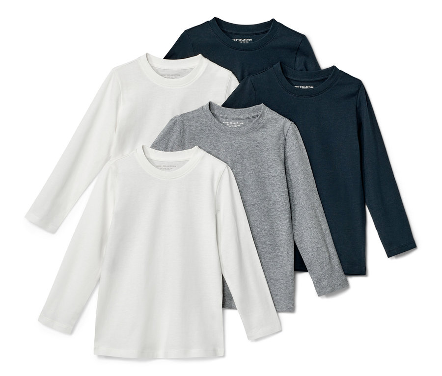 Pět dětských triček s dlouhým rukávem v bílé, šedé a tmavě modré barvě.