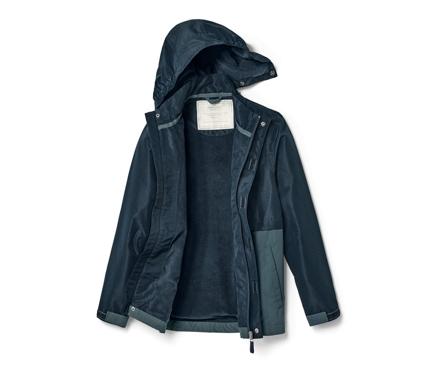 Otevřená dětská bunda do každého počasí tmavě modré barvy s kapucí.