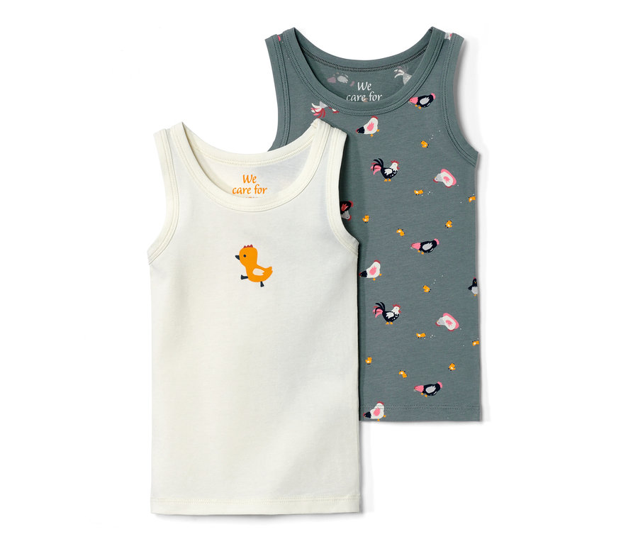 Dvě dětská tílka s farmářským potiskem. Jedno bílé s potiskem kuřátka, druhé šedé s potiskem slepic a kuřat.