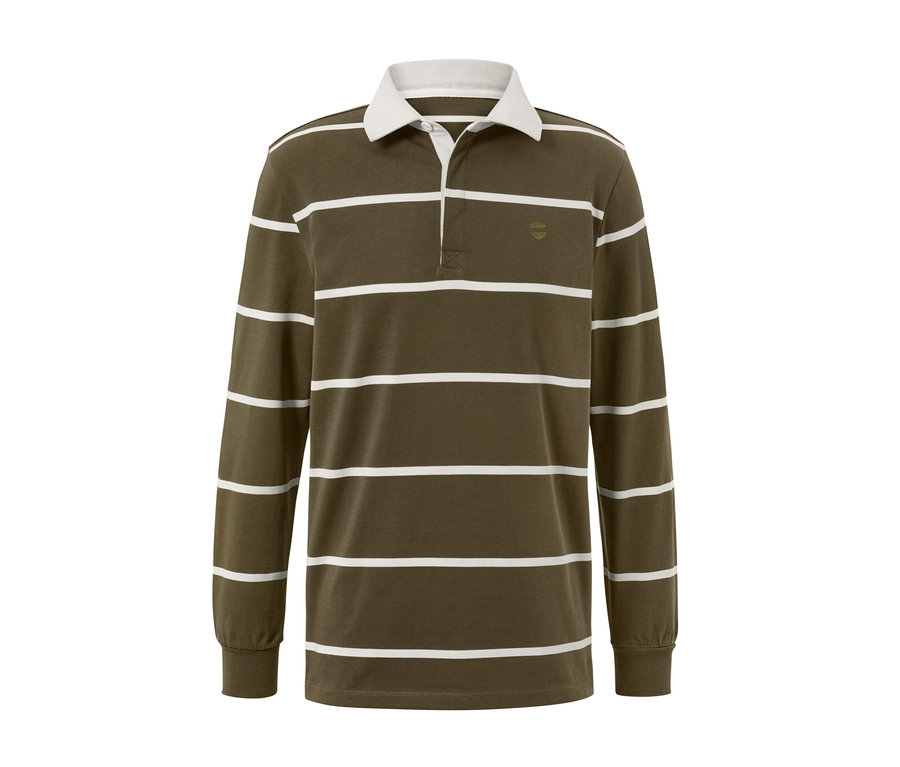 Zobrazená polokošile s dlouhým rukávem má olivovou barvu s bílými vodorovnými pruhy.
