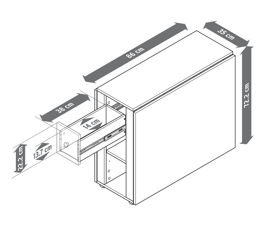 Nákres skříňky s otevřeným šuplíkem a vyznačenými rozměry.