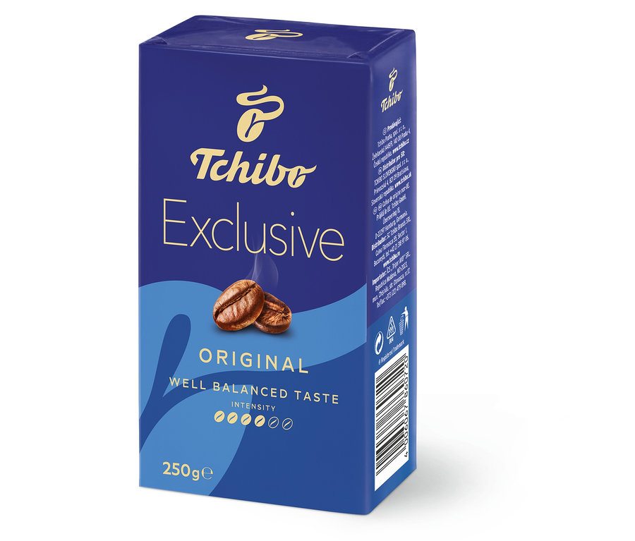 Balení mleté kávy TC Exclusive 250 g. Modré balení s obrázkem dvou kávových zrn.