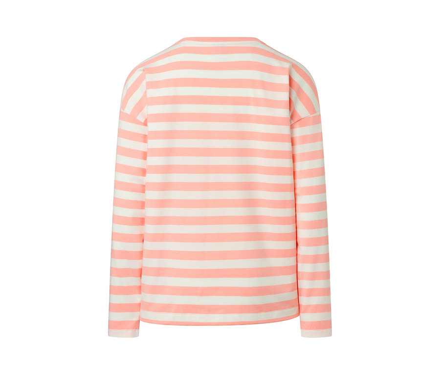 Detail zadní strany funkčního trika s dlouhým rukávem s růžovými a bílými vodorovnými pruhy.