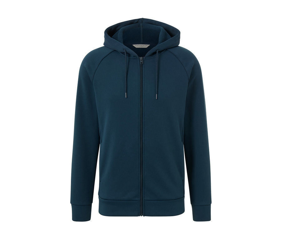 Tmavě modrá funkční bunda s kapucí se zipem uprostřed.