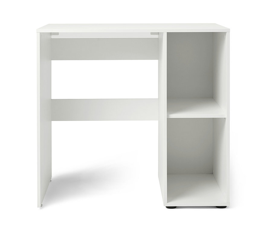 Bílý regál na pračku s bočním úložným prostorem.