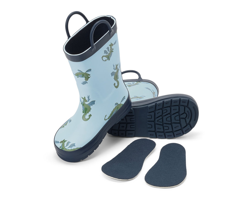 Modré dětské holínky s potiskem draků a vyjímatelnými vložkami.