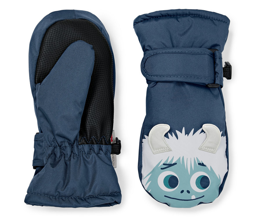 Dvě modré dětské palčáky s obličejem kreslené postavičky.