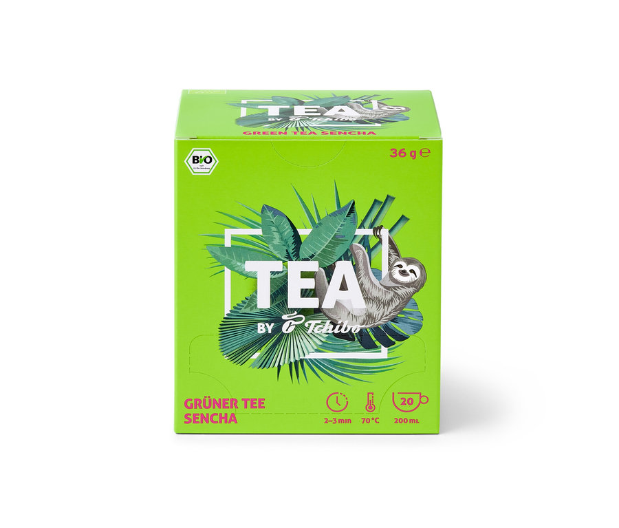 Balení BIO zeleného čaje TEA by Tchibo Sencha s obrázkem lenochoda.