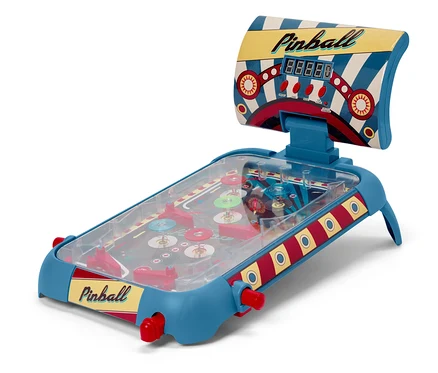Modrý pinball s červenými ovládacími prvky.