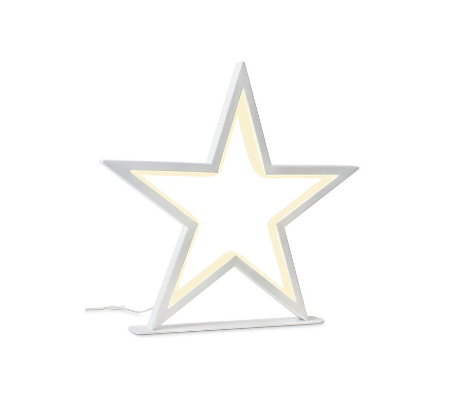 Bílá kovová hvězda s LED světlem stojí na bílém podstavci.