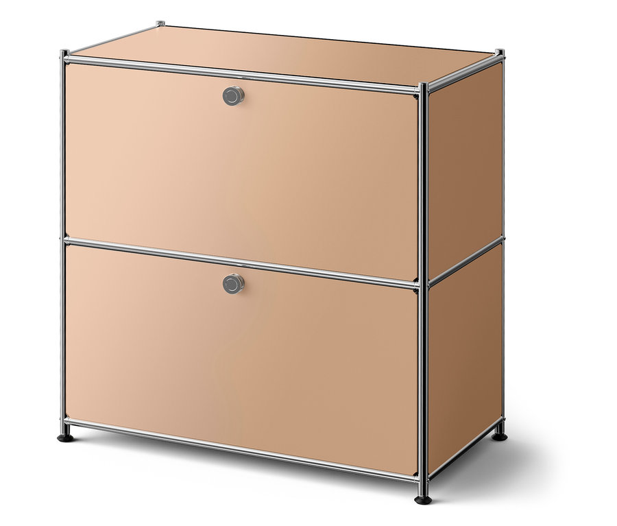 Béžová skříňka se dvěma zásuvkami a stříbrným rámem.