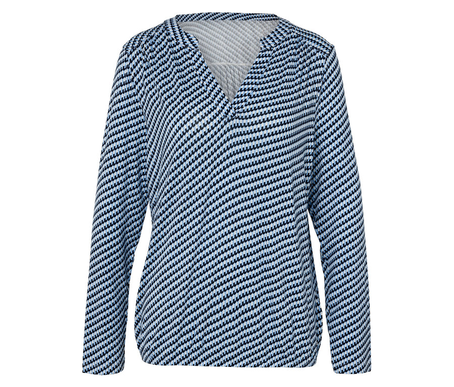 Modro-bílý pruhovaný top s dlouhým rukávem a výstřihem do V.
