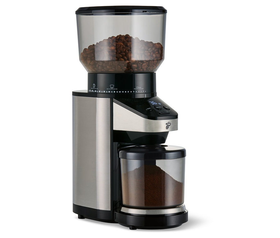 Elektrický mlýnek na kávu s váhou. Nahoře je průhledná nádoba s kávovými zrny. Dole je nádoba s namletou kávou.