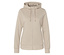 Béžová mikina s kapucí se zipem uprostřed.