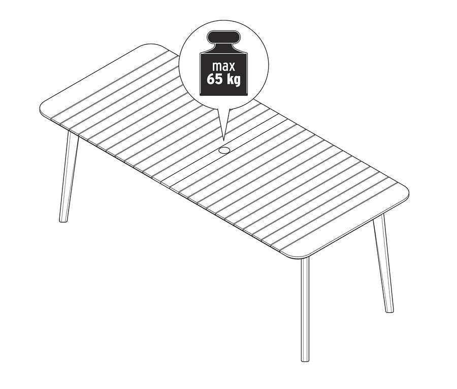 Nákres dvojitého rozkládacího teakového stolu. Nad stolem je bublina s maximální hmotností 65 kg.