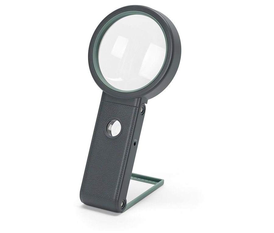 Detailní záběr na LED pracovní lupu se stojanem.